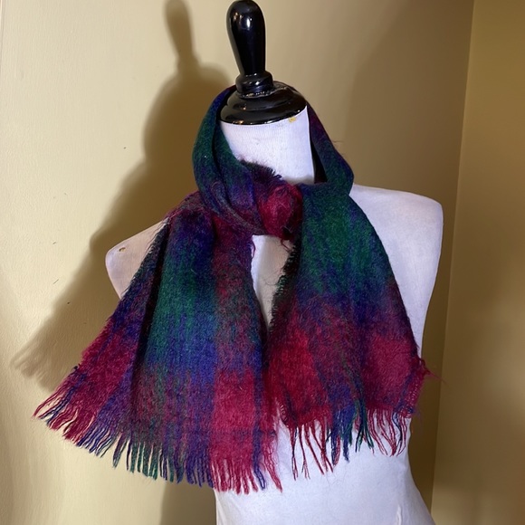 Wool Angora Winter Scarf UNISEX Fringe Edges 9”W x 46”L Plaid Vibrant $160 NEW - Picture 6 of 15